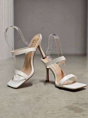 Square Toe White Strappy High Heel Sandals With Double Strap Design For Women